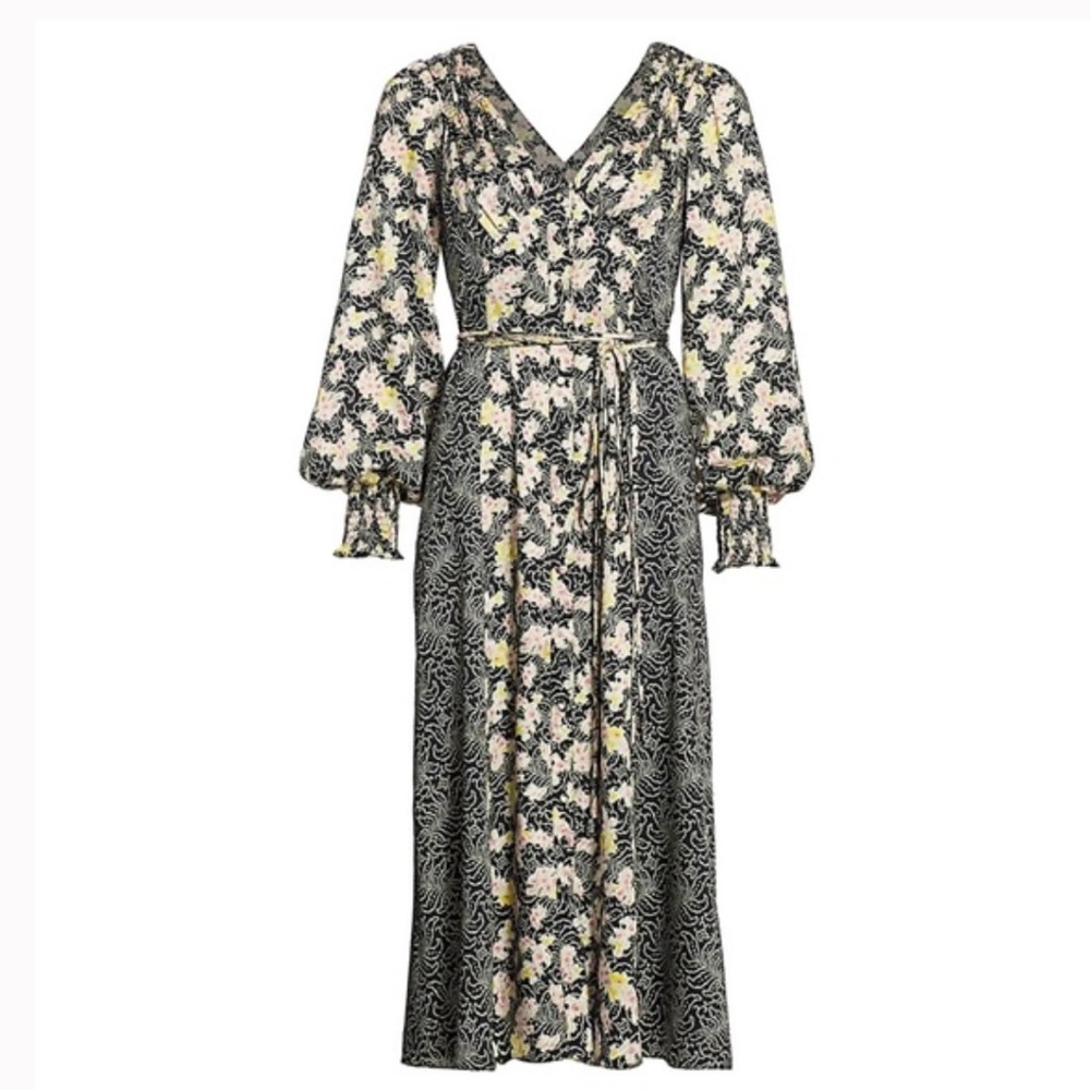❤️ CINQ A SEPT WOMENS MIXED PRINT DOUBLE V MIDI DRESS NWOT - Picture 6 of 13